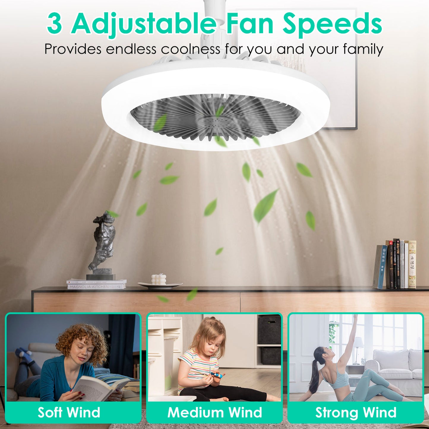 US Local White-Grey Options -- 1Pc Ceiling Fan With Lights Remote Control 9.44in E27 Socket Fanlight With Dimmable Dimming Light Color Brightness 3 Fan Speed Timer Function