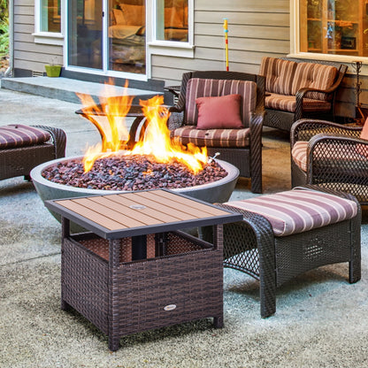 US Local Rattan Wicker Outdoor Accent Table With Patio Umbrella Hole, Convenient For Garden