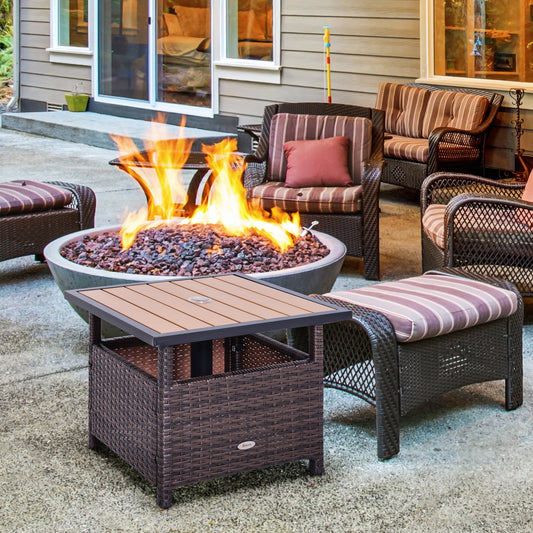 US Local Rattan Wicker Outdoor Accent Table With Patio Umbrella Hole, Convenient For Garden