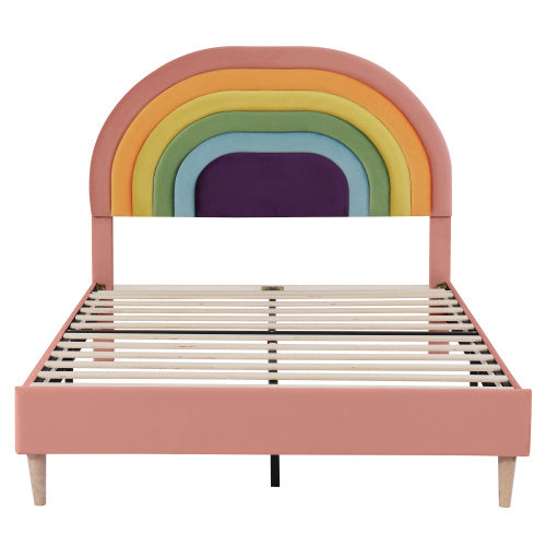 UK Local Upholstered Bed 135x190, With Slatted Frame And Headboard, Youth Bed, For Adults & Teenagers, Wooden Slat Support, Easy Assembly, Height-adjustable Headboard, Velvet, Pink
