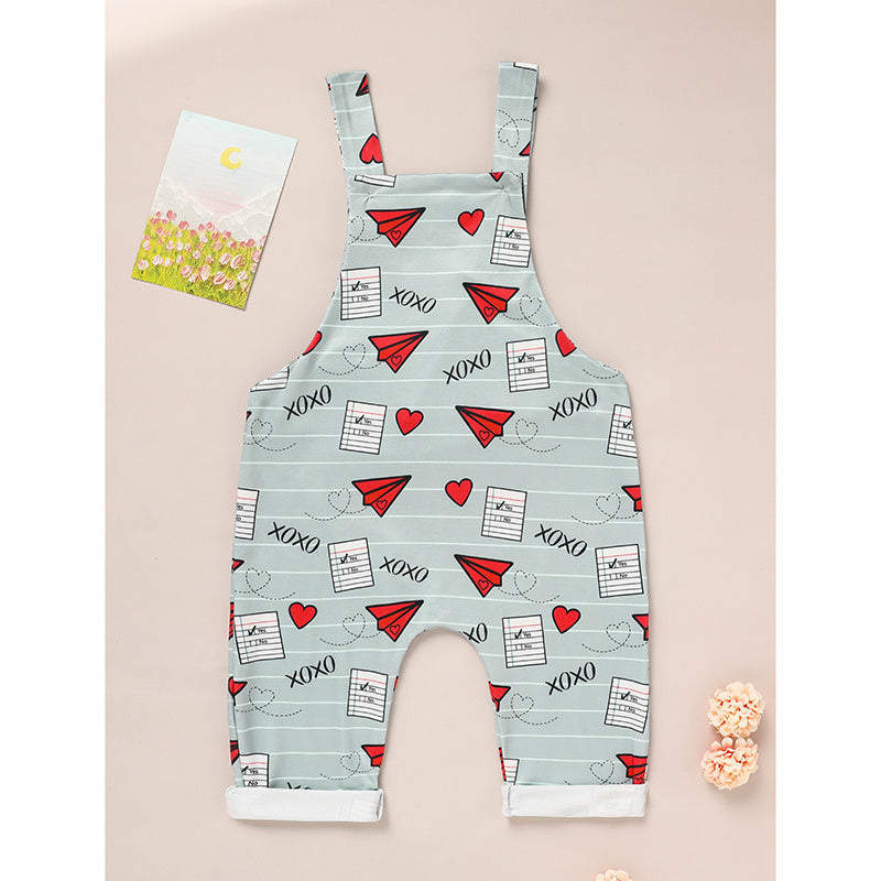 US Local Baby Boy Girl's Casual Heart Pattern Jumpsuit, Paper Airplane Heart Xoxo Trendy Overalls, Valentine's Day Coming Home Outfit
