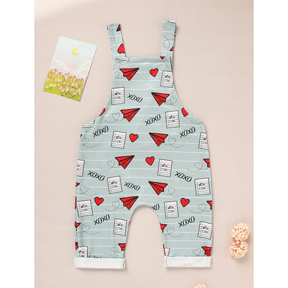 US Local Baby Boy Girl's Casual Heart Pattern Jumpsuit, Paper Airplane Heart Xoxo Trendy Overalls, Valentine's Day Coming Home Outfit