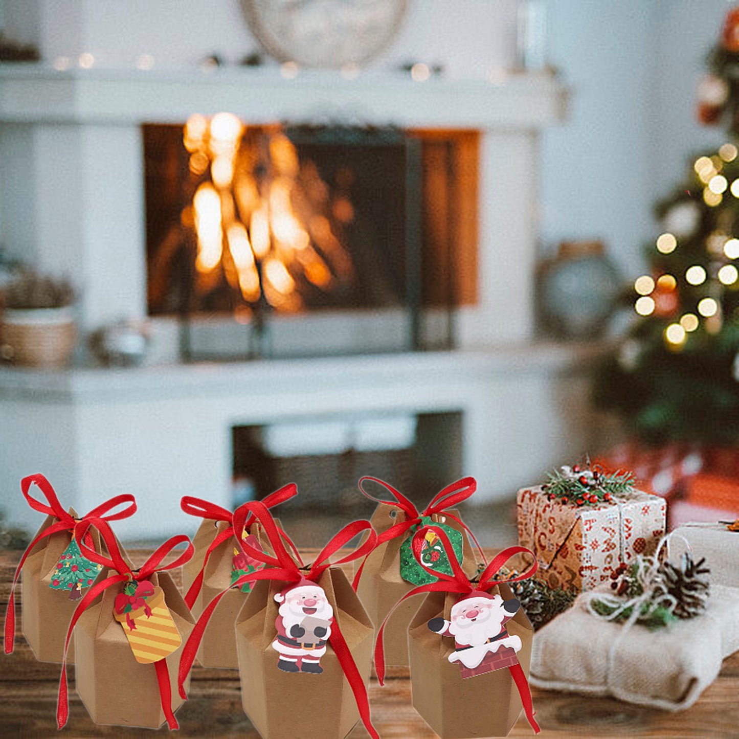 US Local 24 Pcs Christmas Treat Boxes With Cards And Ribbon Xmas Tree Santa Kraft Paper Cookies Candy Boxes Food Packaging Containers Gift Wrapping Box For Christmas Birthday Wedding Party Decoration