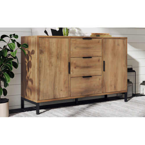 UK Local Sideboard Cabinet For Living Room, Chest Of Drawers With With 2 Doors And 3 Drawers, Adjustable Shelf, Dark Oak, 40D X 120W X 76H Centimetres