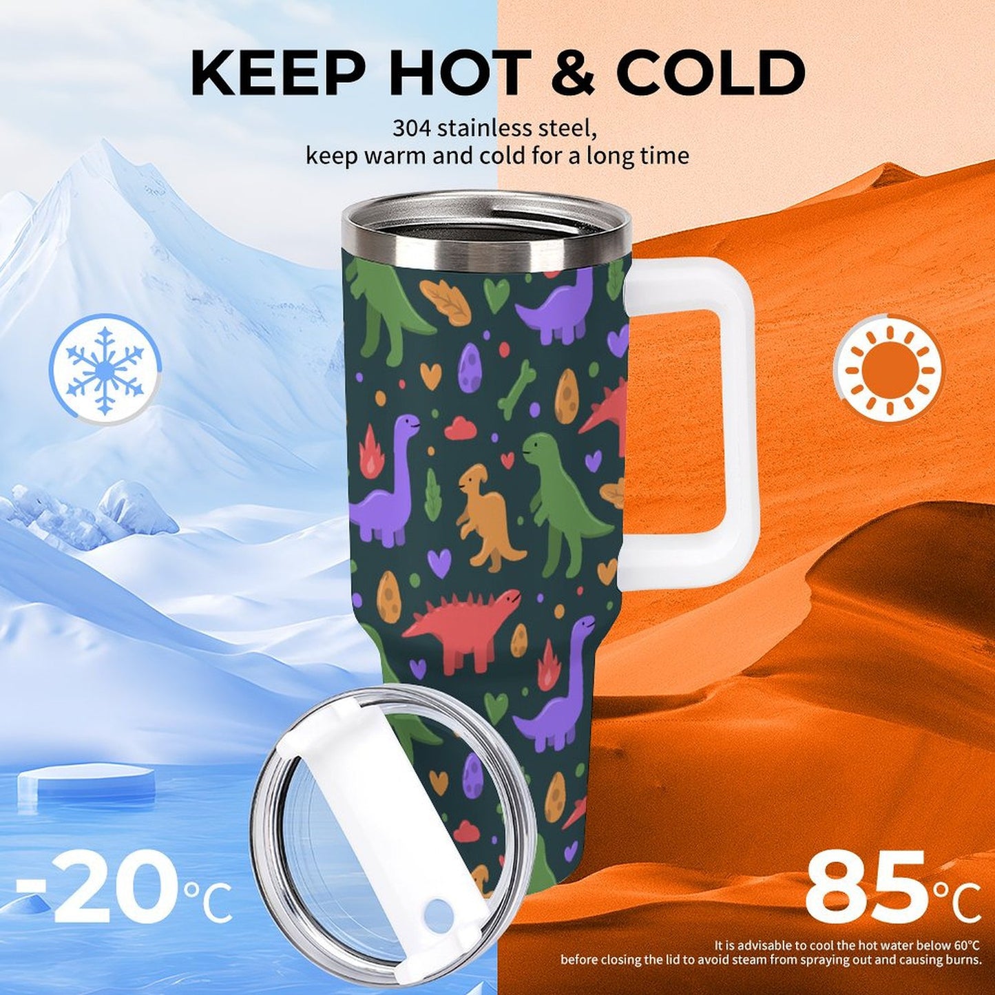 PHDT00515 POD US Local Tumbler 40oz Large Capacity Car Cup Cartoon, Dinosaur