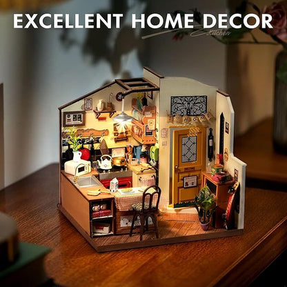 US Local ROBOTIME Rolife Happy Kitchen Dollhouse Minature House DIY Wooden Puzzle With LED Light DG159