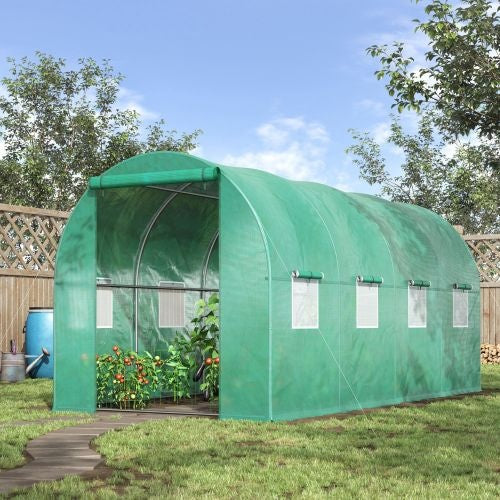 US Local Outsunny 15x 7x 6.5 Walk-in Tunnel Hoop Greenhouse, Green House With Polyethylene PE Cover, Steel Frame, Roll-Up Zipper Door & Windows For Flowers, Vegetables, Tropical Plants, Green
