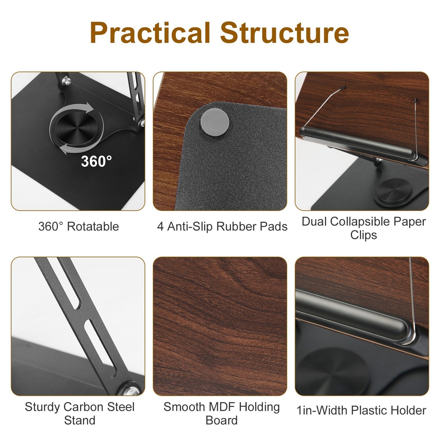 US Local 1Pc Book Stand For Reading Foldable Wood Book Holder Reading Rack Paper Stand With Adjustable Height 360 Degree Rotatable Base Dual Paper Clips For Book Sheet Music Laptop Drawing Tablet