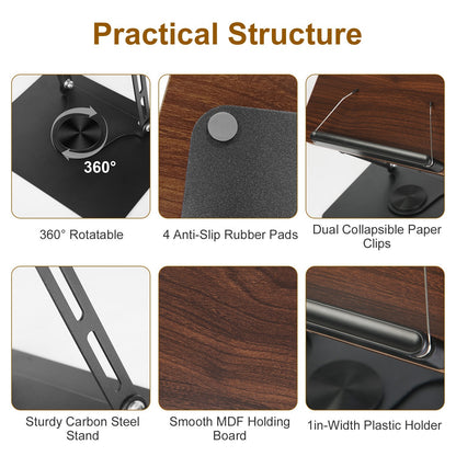 US Local 1Pc Book Stand For Reading Foldable Wood Book Holder Reading Rack Paper Stand With Adjustable Height 360 Degree Rotatable Base Dual Paper Clips For Book Sheet Music Laptop Drawing Tablet