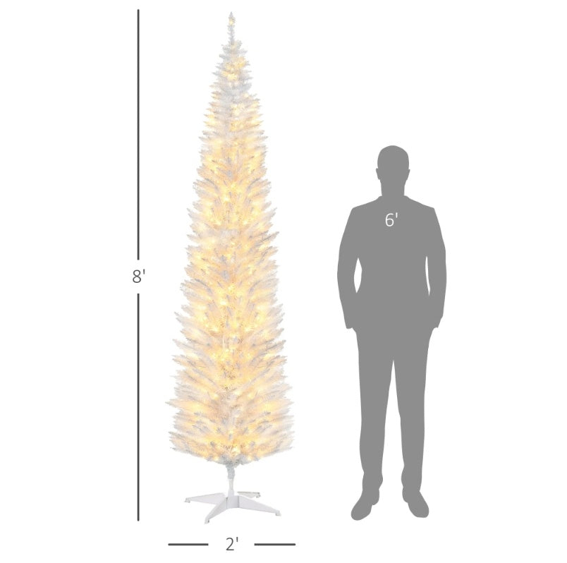 US Local HOMCOM 8' Tall Pre-Lit Slim Noble Fir Artificial Christmas Tree With 300 Warm White LED Lights And 618 Tips, For Christmas Decoration, White
