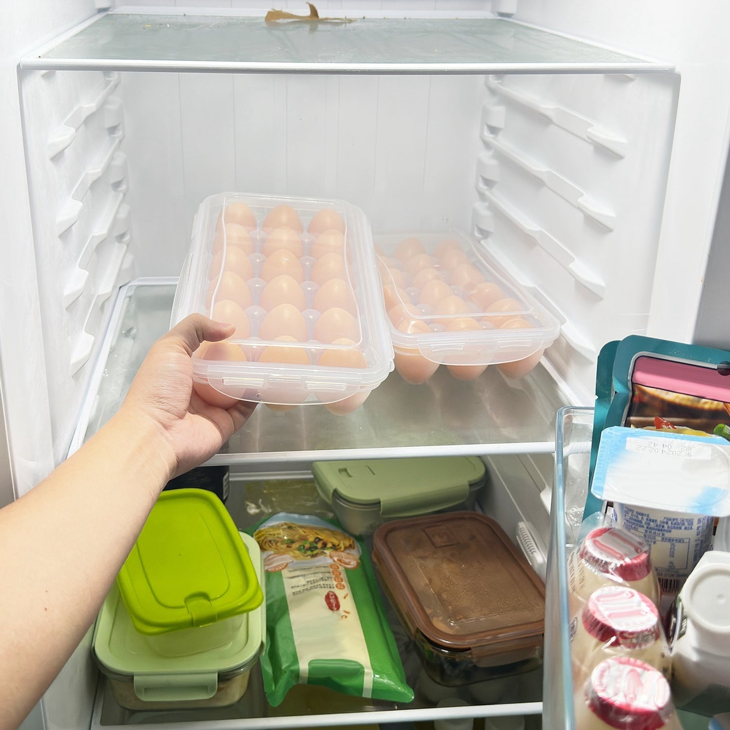 US Local 2Pcs Plastic Egg Holder Stackable Egg Storage Box Egg Rack For Refrigerator 18 Cavity Per Container Dishwasher Safe