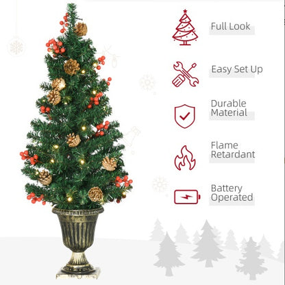 US Local HOMCOM Prelit Holiday Christmas 4-Piece Set, Garland Wreath And Set Of 2 Entrance Trees With Warm White LED Lights, Red Berries, Pine Cones, Green