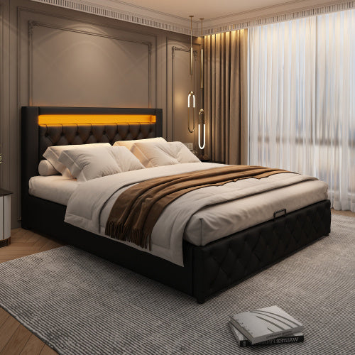 UK Local Upholstered Bed 135 X 190 Cm Functional Bed With Slatted Frame And Storage Space, LED Lighting In Different Colors, White, PU