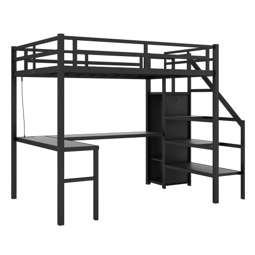 US Local Metal Loft Bed With Wardrobe And Adjustable Shelves