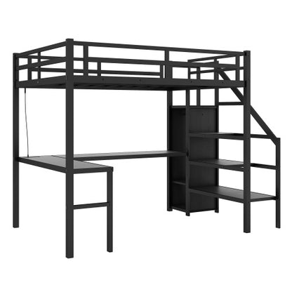 US Local Metal Loft Bed With Wardrobe And Adjustable Shelves