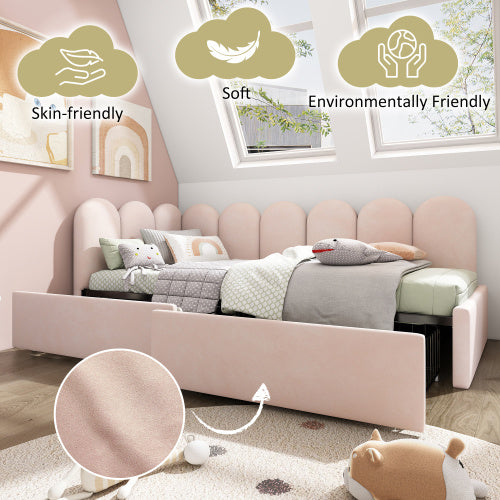 UK Local Upholstered Bed Daybed With Drawers Storage,3FT Single Sofa Bed 90X190cm, Sofa Bed For Adults And Children , Bed Frame With Slatted Frame, Velvet, Pink No Mattress