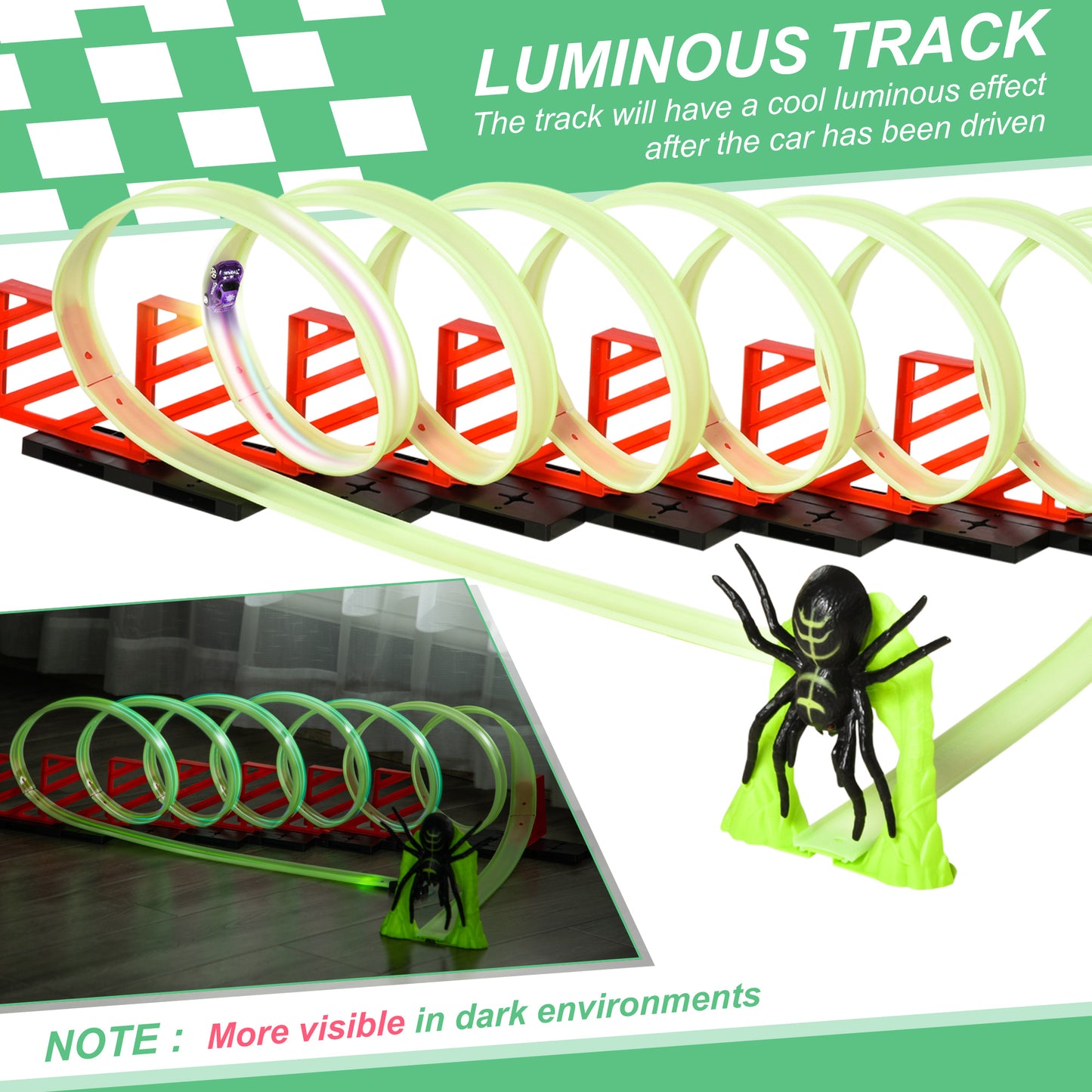 US Local Track Builder Loop Kit Criss-Cross Glowing Race Track Toy Set Spooky Spider Fun Starter Kit