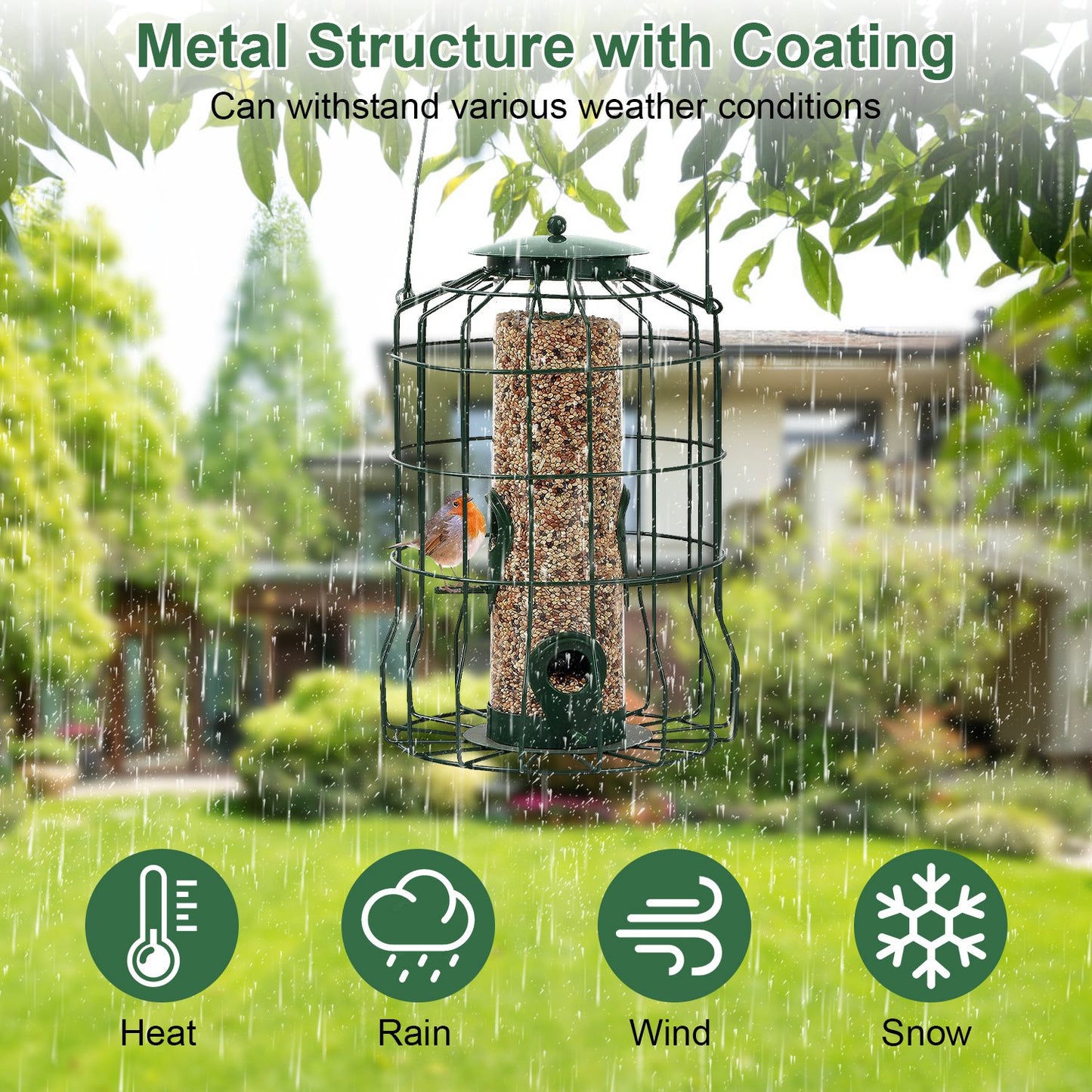 US Local 1Pc Outdoor Wild Bird Feeder Squirrel-Proof Chew-Proof Metal Hanging Seed Feeder With 4 Feeding Port For Small Songbirds