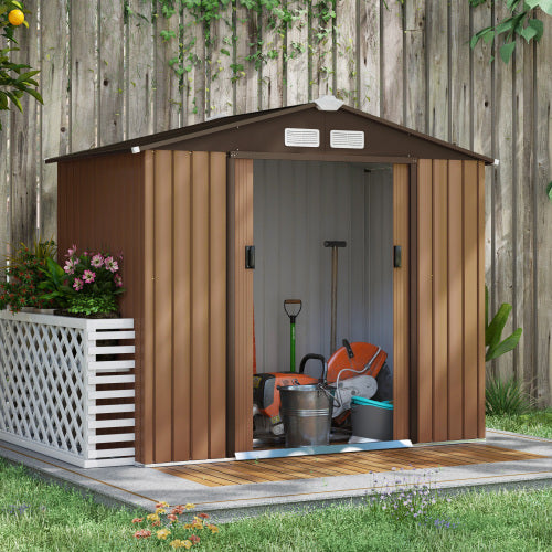 UK Local Outsunny 7 X 4ft Lockable Metal Garden Tool Storage Shed, Outdoor Storage Shed With Foundation And Vents, Light Brown