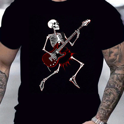 Men's Skull Guitar Patterned Round Neck T-shirt, Summer Casual Streetwear, Casual And Halloween Party Wear