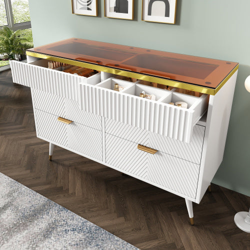 UK Local Sideboard Cabinet Dresser With 6 Drawers,Amber Glass Chest Of Drawers, Compartmentalised Storage,Anti-tip,Dressing Table For Living Room, Hallway, Bedroom, And Children's Room, 120 X 40 X 76 Cm, White