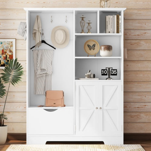 US Local Multi-functional Hall Tree With Storage Shelves Drawers And Cabinet, Elegant Hallway Shoe Cabinet With Bench, Modern Coat Rack With Hooks For Hallway Entryways