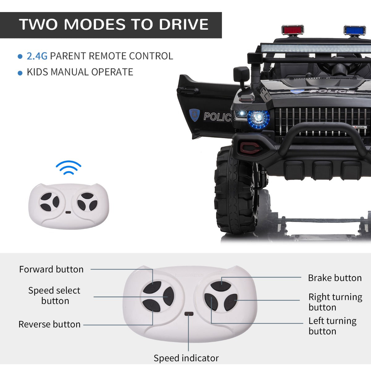 US Local Kids Ride-On Car 12V RC 2-Seater Police Truck Electric Car For Kids with Full LED Lights