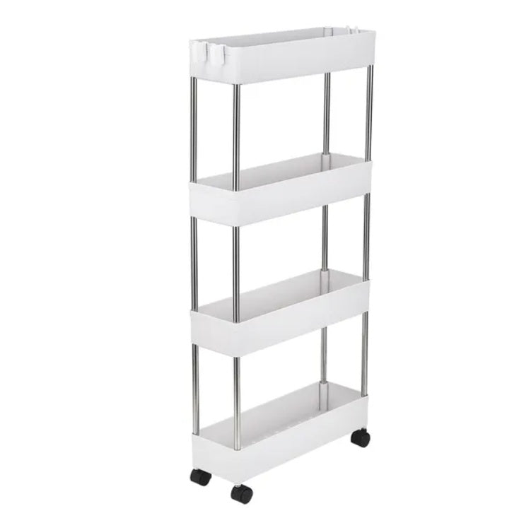 US Local 4 Tier Slim Storage Cart Mobile Shelving Unit Organizer Slide Out Storage Rolling Utility Cart Tower Rack For Kitchen Bathroom Laundry Narrow Places, Plastic & Stainless Steel, White