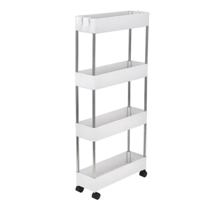 US Local 4 Tier Slim Storage Cart Mobile Shelving Unit Organizer Slide Out Storage Rolling Utility Cart Tower Rack For Kitchen Bathroom Laundry Narrow Places, Plastic & Stainless Steel, White