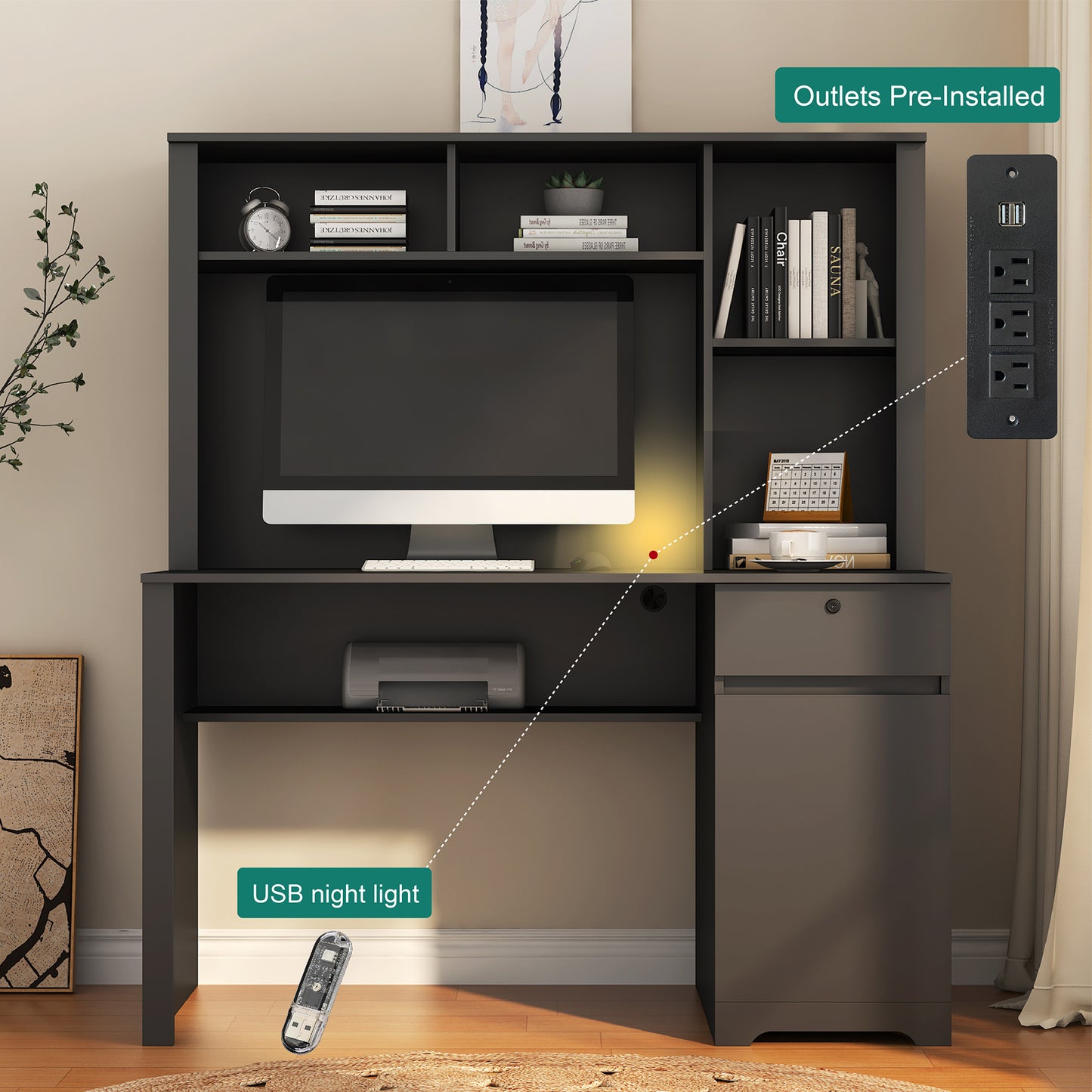 US Local Computer Desk With Hutch & Bookshelf,Wood Executive Desk Teens Student Desk Writing Laptop Home Office Desk With Drawers,3 AC Outlets And 2 USB Charging Ports,Study Laptop Table For Home