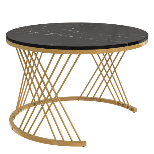 UK Local 2 In 1 Round Coffee Table Made Of MDF With Marble Grain Veneer Top, Rattan Drawers And Solid Wood Handles. Gold Coloured Iron Legs. 70x70x45.5  50x50x38.5cm