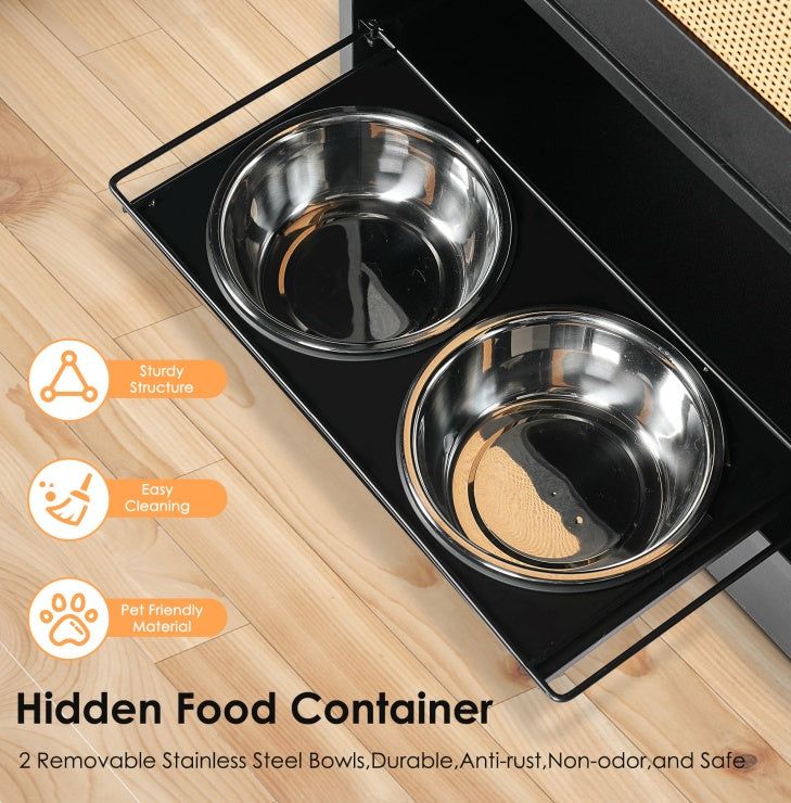 US Local Feeding Station With 1 Locker, Pet Feeding Station With 2 Overhead Dog Bowls, Side Hooks, Anti-Tipping Kit, Concealed Pet Feeding Station For Feeding And Drinking, Black