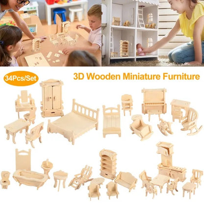 US Local 3D Wooden Dollhouse Furniture Puzzles DIY Miniature Furniture Models Set