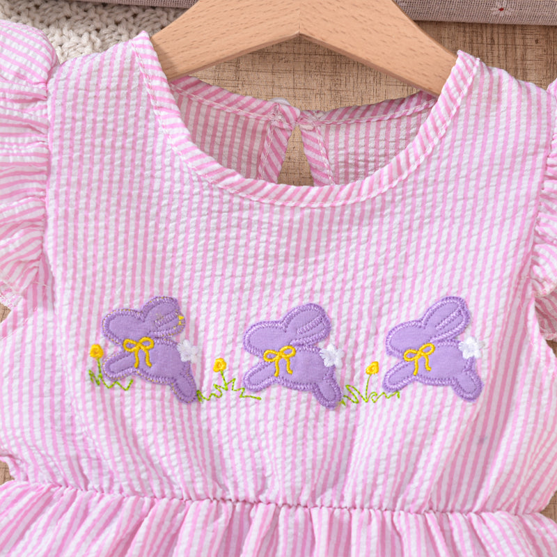 US Local Toddler Girl's Bunny Embroidered Dress, Round Neck Short Sleeve A-Line Dress With Back Button Closure