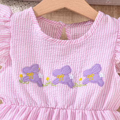US Local Toddler Girl's Bunny Embroidered Dress, Round Neck Short Sleeve A-Line Dress With Back Button Closure