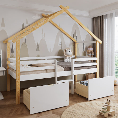 UK Local Wooden Bed, Children S Bed, 3ft Single Bed 90x190cm, MDF  Pinewood  Plywood, Safety Guardrail, Two Storage Drawers With Wheels,Roof Shape, White  Natural