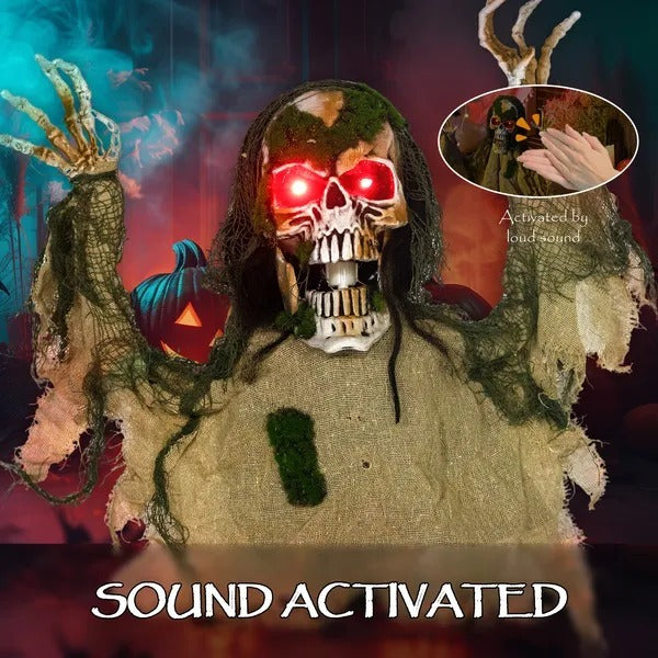 CA Local Life Size Halloween Animated Skeleton With Glowing LED Eyes, Animatronic Halloween Decorations, Battery Operated