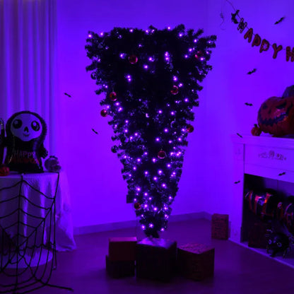 US Local 6 FT Pre-lit Upside Down Artificial Christmas Tree, Black Halloween Tree With 250 Purple Lights And Pumpkin & Skull Ornaments