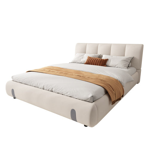 UK Local Upholstered Bed, For Adults And Teenagers, 4ft6 Double Bed 135x190cm, Durable And Sturdy, Soft Headboard, MDF  Velvet  Plywood, White