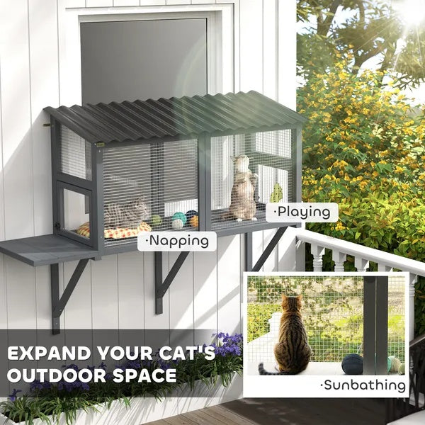 US Local Wooden Cat Catio, Outdoor Cat Enclosure Window Perch With Jumping Platform
