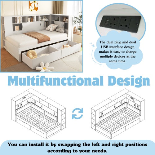 UK Local Platform Bed With Trundle  Bookcase  USB,Single Bed-3ft 90x190cm,Household Bed, Multifunctional Bed,with 2 Storage Drawers, Dust-proof Cabinet And Shelves, Large Storage Space,white