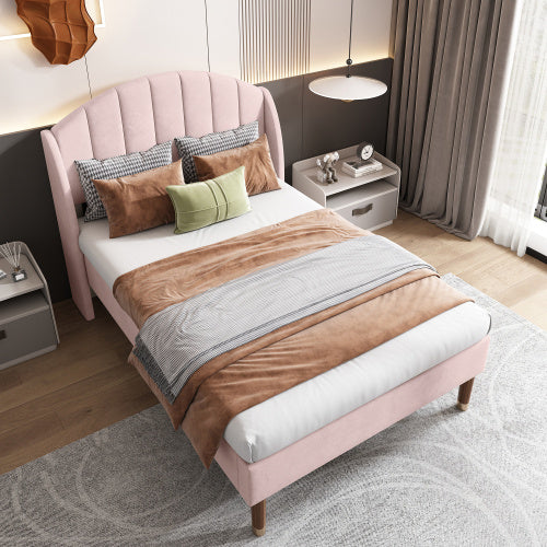 UK Local Upholstered Bed,Single Bed-3ft 90x190cm ,with Slatted Frame And Headboard, Youth Bed, Wooden Slatted Support, Easy Assembly, Velvet, Pink