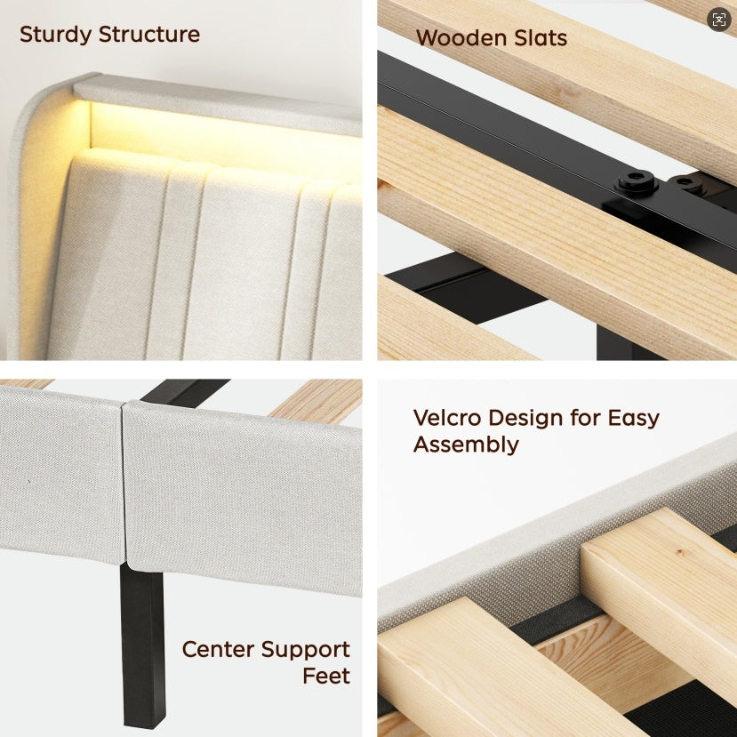 US Local Platform Bed Frame With Fabric Upholstered Headboard And Wooden Slats Support, Fully Upholstered Mattress