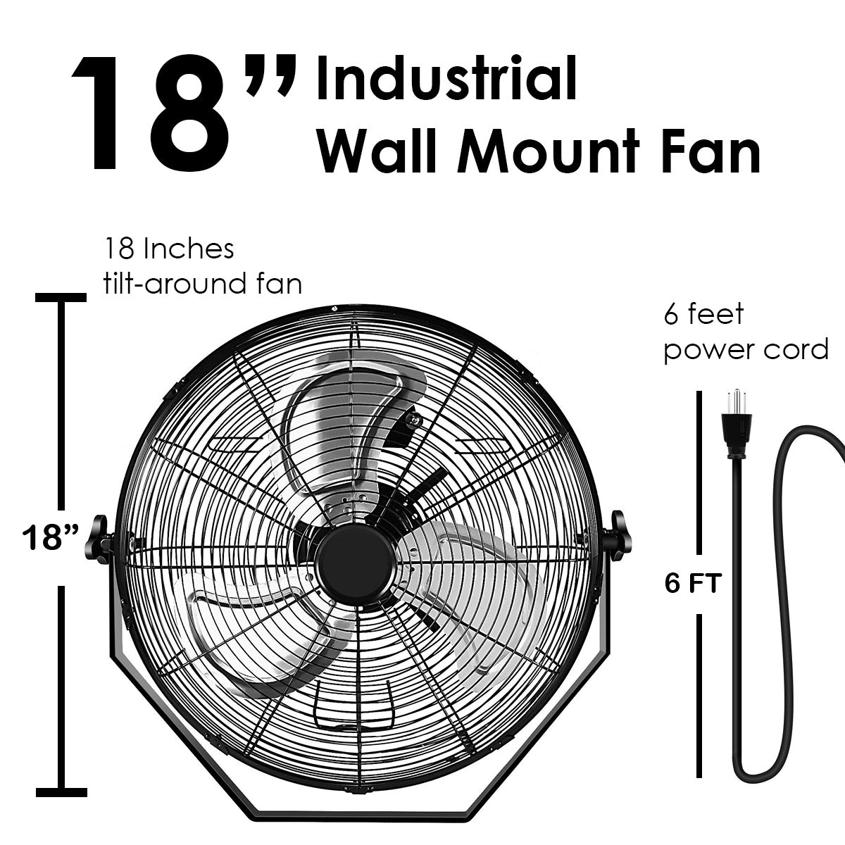 US Local 18 In  Black Industrial Wall Mount Fan 3-Speed Indoor OutdoorCommercial Ventilation Metal High Velocity Fan