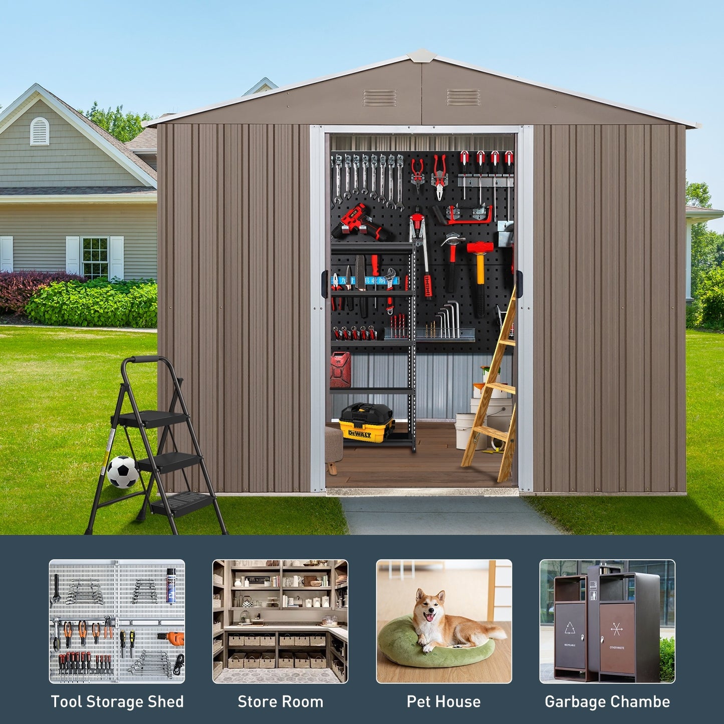 US Local 10x8ft Outdoor Metal Storage Shed With Metal Floor Base,with Window,Grey