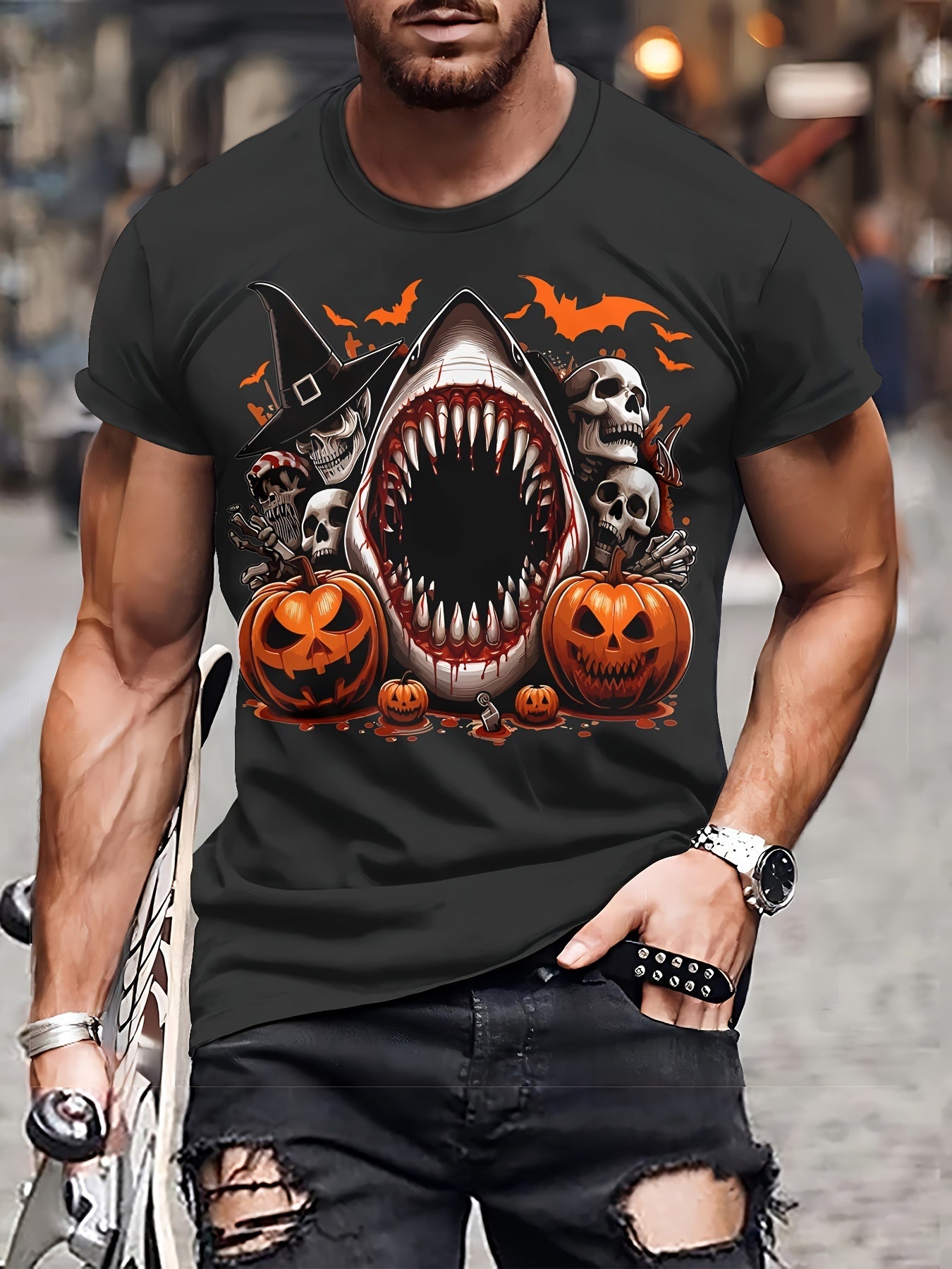 Men's Casual Polyester Round Neck T-shirt With 3D Shark And Halloween Pumpkin Patterns, Fitted Knit Fabric, Slightly Elastic