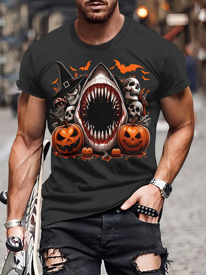 Men's Casual Polyester Round Neck T-shirt With 3D Shark And Halloween Pumpkin Patterns, Fitted Knit Fabric, Slightly Elastic