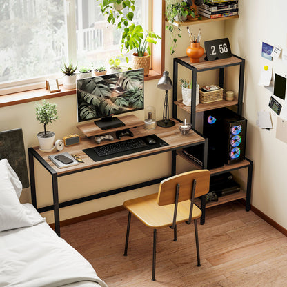 US Local Computer Desk, 67 CPU Desk With Monitor Stand, Reversible 4-Tier Shelf, Industrial Writing Desk For Study Room, Brown
