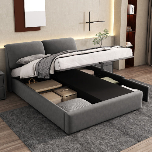 UK Local Upholstered Bed,Double Bed-4ft6  135x190cm  Hydraulic Bed, Three Drawers, Bed Box For Storage, Slatted Frame With Headboard, Without Mattress, Velvet, Grey