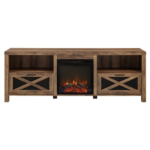 US Local Industrial Farmhouse Metal Mesh Drop-Down X-Door Fireplace TV Stand For TVs - Rustic Oak